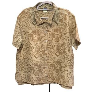 Sunny Side Up women’s linen Floral Tan & green Button Down short sleeve  XL
